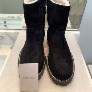 NIB Jimmy Choo Haysel Flat Black Crosta Suede & Shearling Boots Size 7.5 $1095